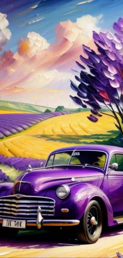 Vintage purple car and lavender fields with sunset hues.