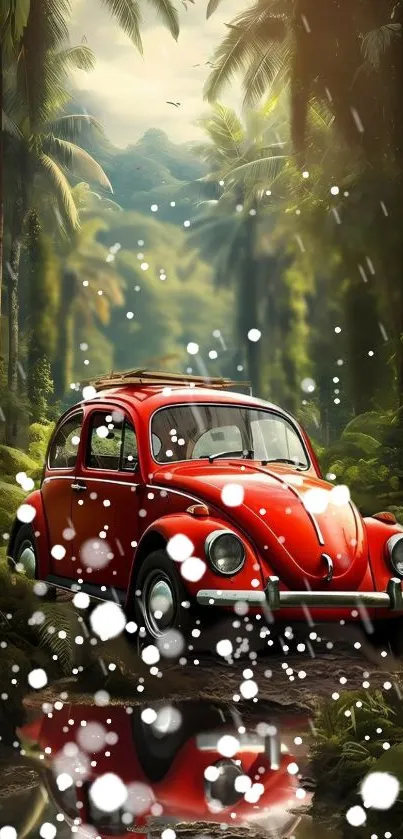 Vintage red car in vibrant jungle wallpaper with lush greenery.