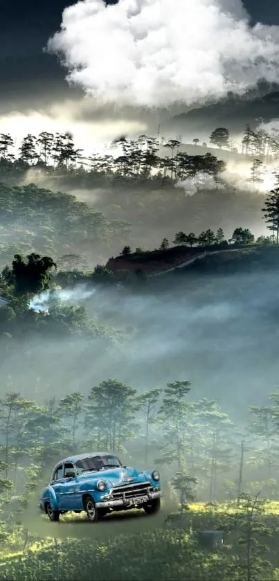 Classic blue car in a misty forest setting with clouds.