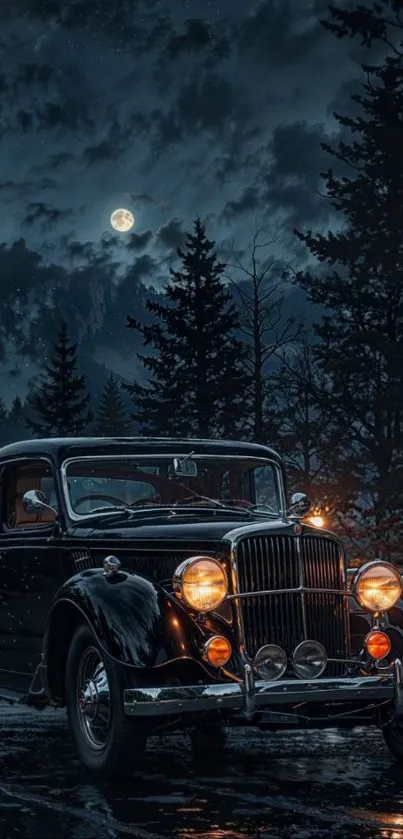 Vintage car parked in a moonlit forest at night.