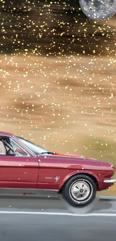 Maroon vintage car speeding under a starry sky.