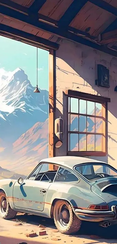 Vintage car parked in a mountain garage with scenic view.