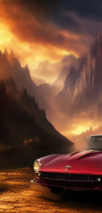 Vintage car on a mystical mountain road at sunset.