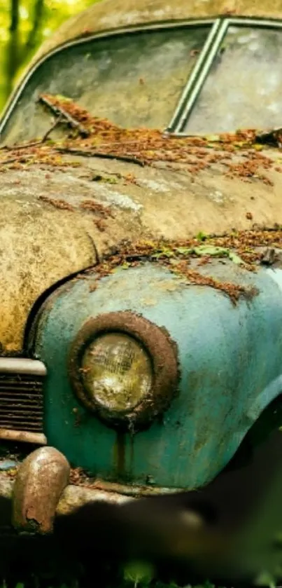 Vintage car overtaken by nature in a lush green setting.