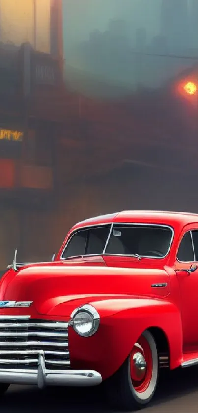 Elegant red vintage car in neon-lit urban scenery.