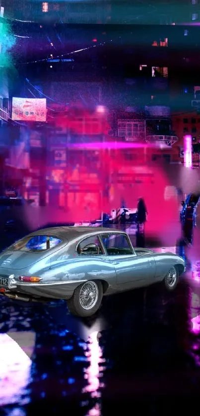 Vintage car in vibrant neon cityscape at night.