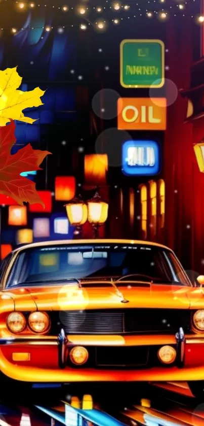 Orange vintage car with neon lights and autumn leaves.