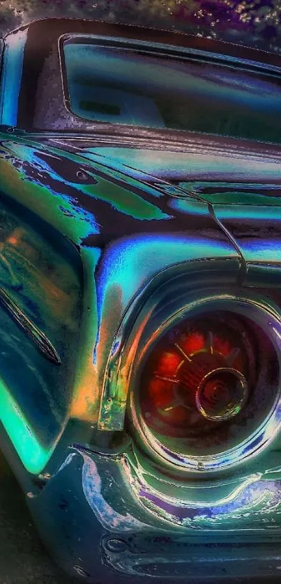 Stylized image of a vintage car in neon colors under a night sky.