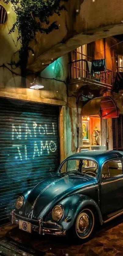 Vintage Volkswagen Beetle under street lights at night.