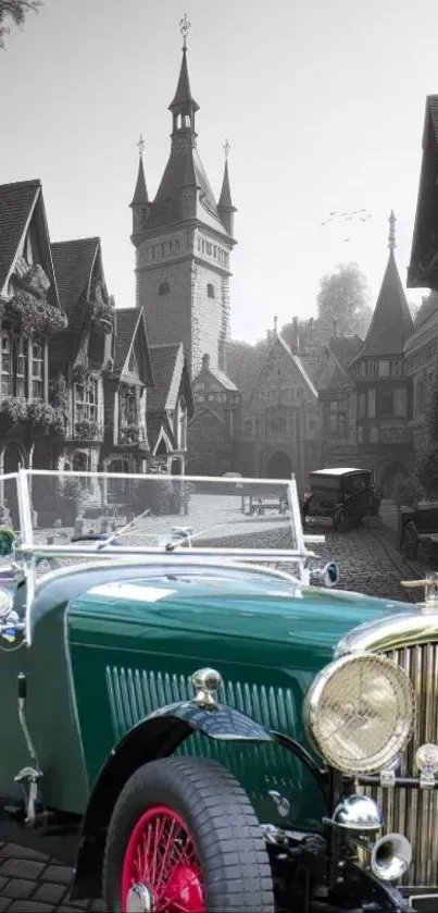 Vintage green car on European cobblestone street with old buildings.