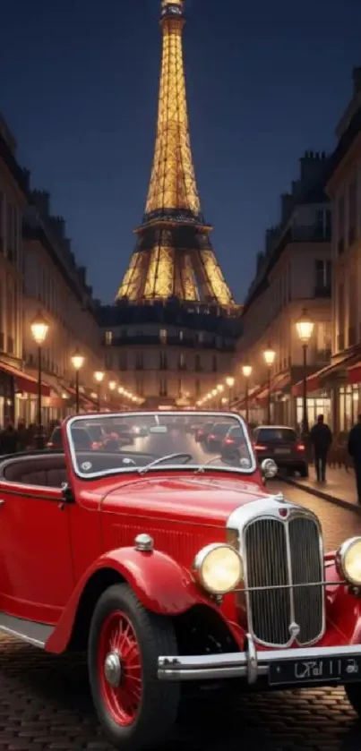 Vintage red car under Eiffel Tower at night in Paris street scene.