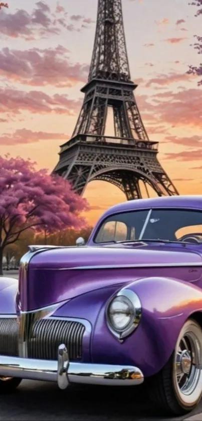 Vintage purple car with Eiffel Tower at sunset in Paris.