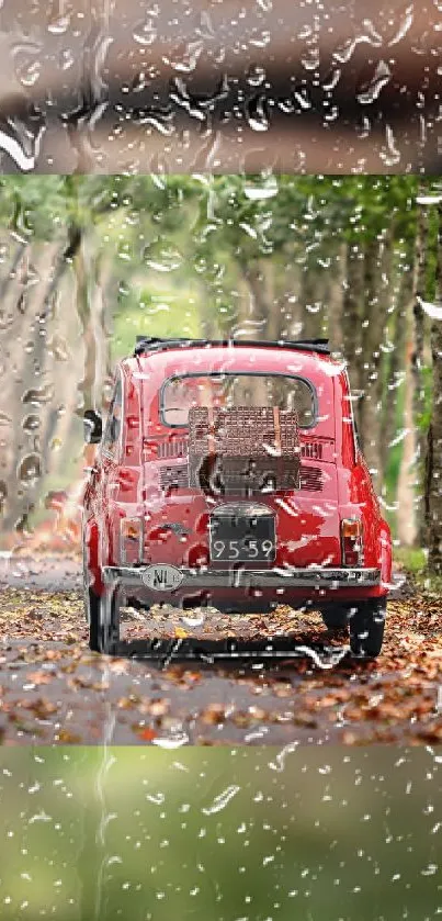 Vintage car drives on a rainy, leafy road with raindrops on camera lens.