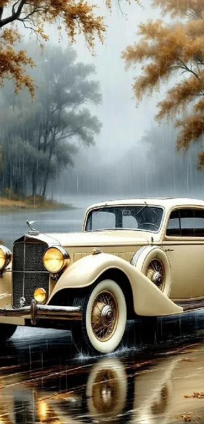Vintage car on a rainy autumn day, capturing elegance and nostalgia.