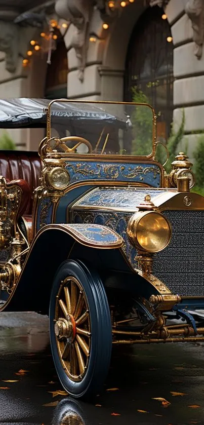 Vintage blue car with gold details on a rainy street.