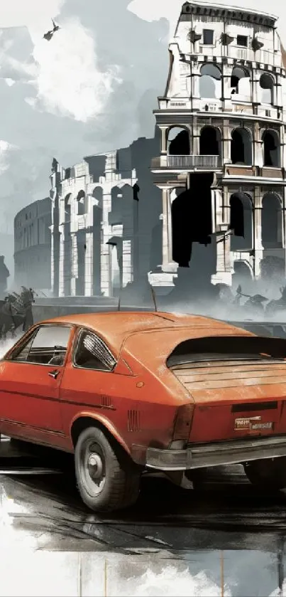 Illustrative wallpaper featuring a vintage car and Rome's iconic Colosseum.