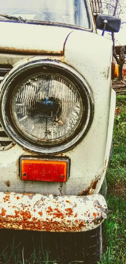 Close-up of vintage car with rustic countryside background.