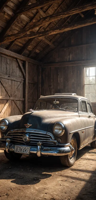 Vintage car parked in a rustic wooden garage with sunlit ambiance.