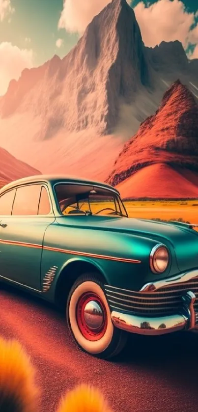 Vintage car against a beautiful mountain backdrop, perfect for mobile wallpaper.