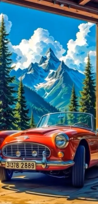 Vintage car with mountains and trees background.