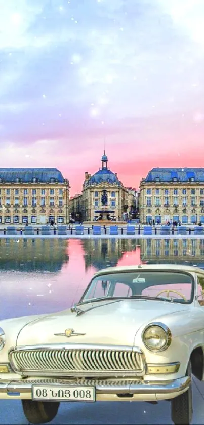 Vintage car at a scenic plaza with sunset and reflections.