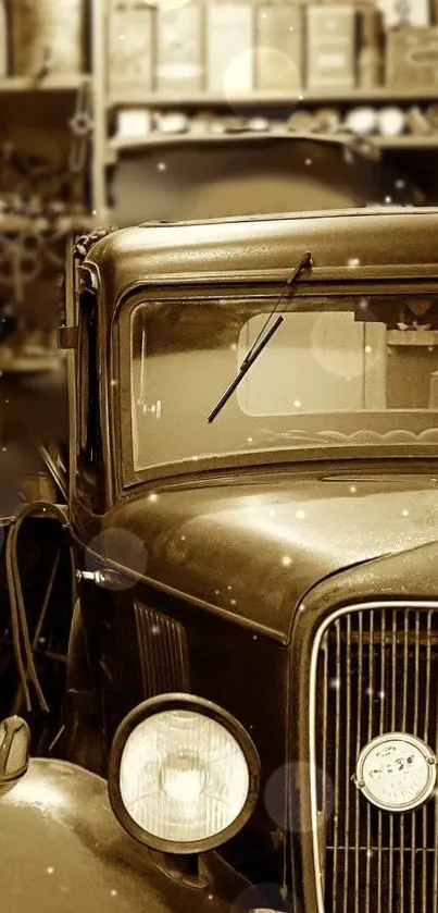 Sepia-toned vintage car in a nostalgic garage setting.