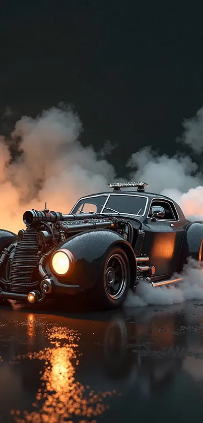 Vintage car enveloped in dramatic smoke.