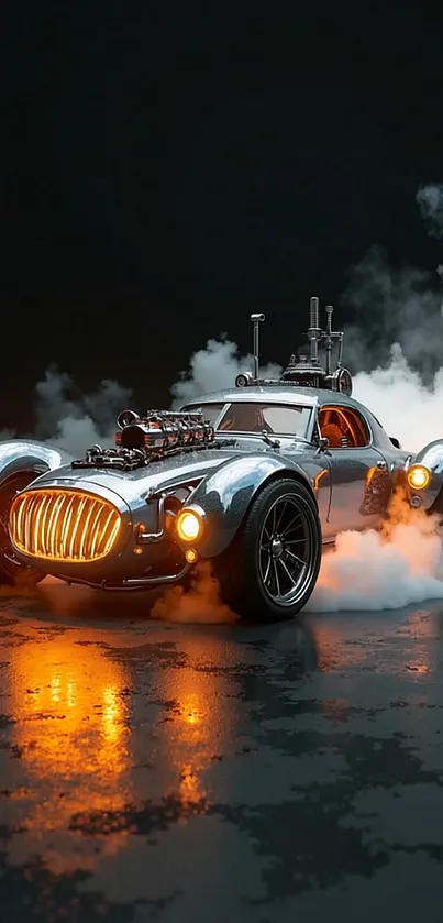 Vintage car with orange lights in smoke.