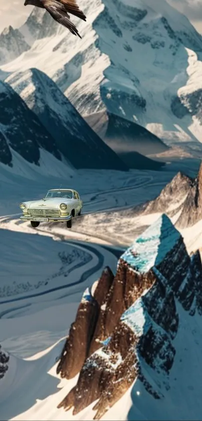 Vintage car on snowy mountain road with an eagle above.