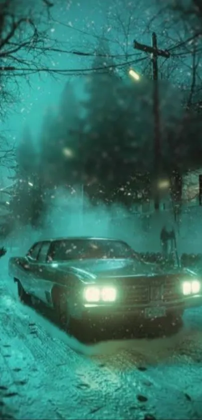 Vintage car driving through snowy forest at night with teal illumination.