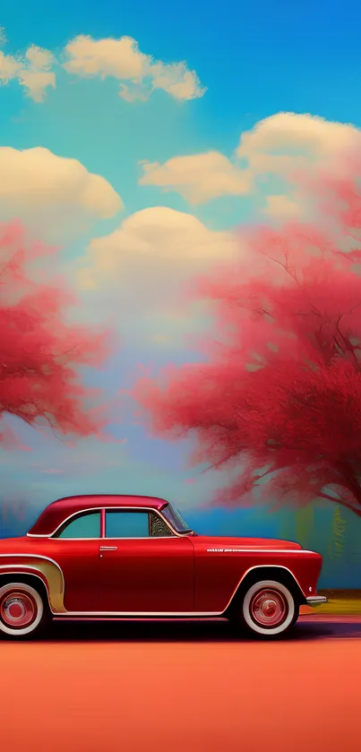 Vintage red car with pink blossoming trees and blue sky.