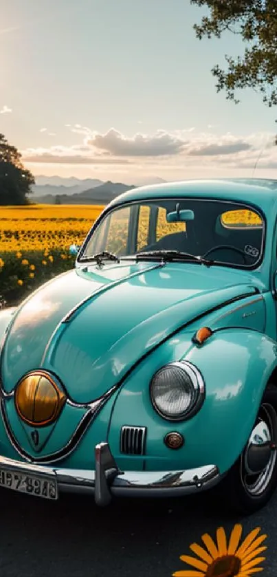 A vintage car parked by a sunflower field under a sunny sky.