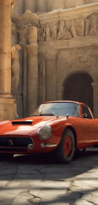 Vintage red car parked amidst sunlit ancient stone ruins.