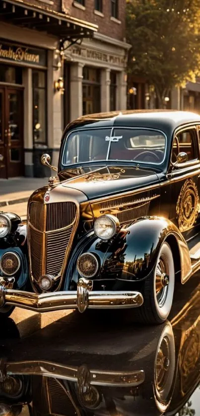 Vintage black car reflecting on a sunlit street.