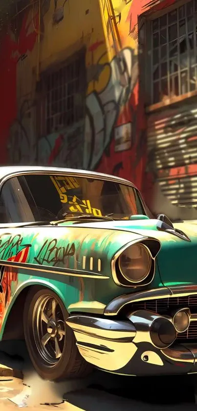 Vintage car with graffiti in urban alley.