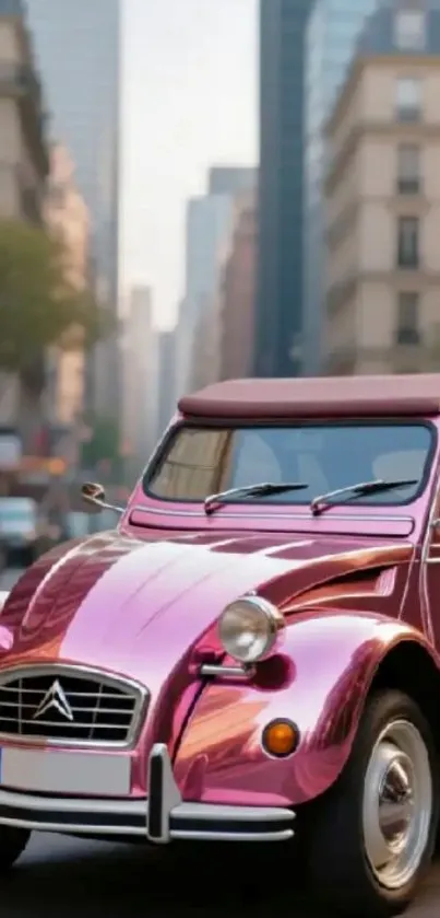 A vintage pink car on a bustling city street.