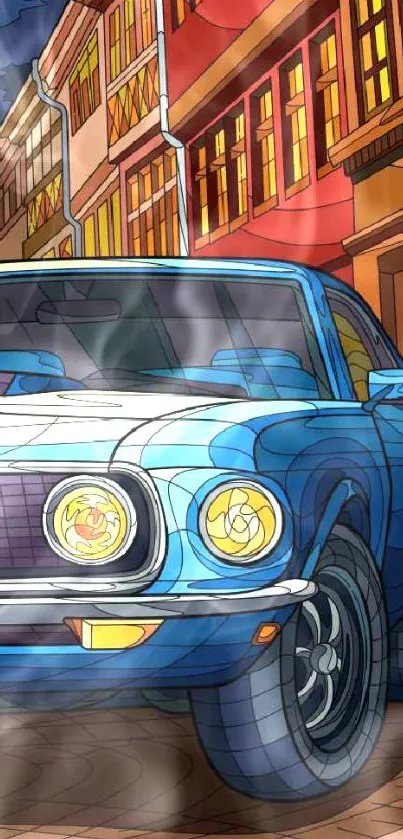 Blue vintage car in vibrant urban street art scene.