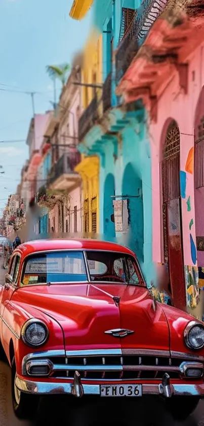 Vintage red car on vibrant colorful street in urban setting.