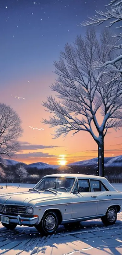 A vintage car parked in a snowy landscape during a colorful winter sunset.