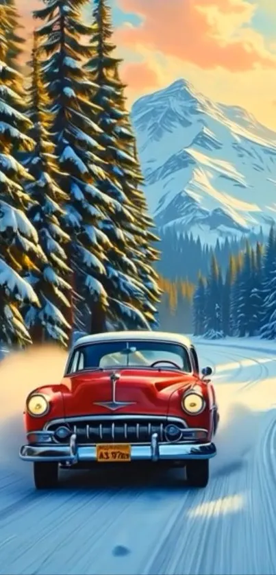 Vintage car driving through snowy forest with mountain backdrop.