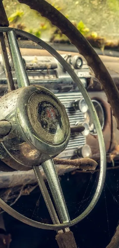 Vintage car interior with a rustic steering wheel and dust-covered dashboard.