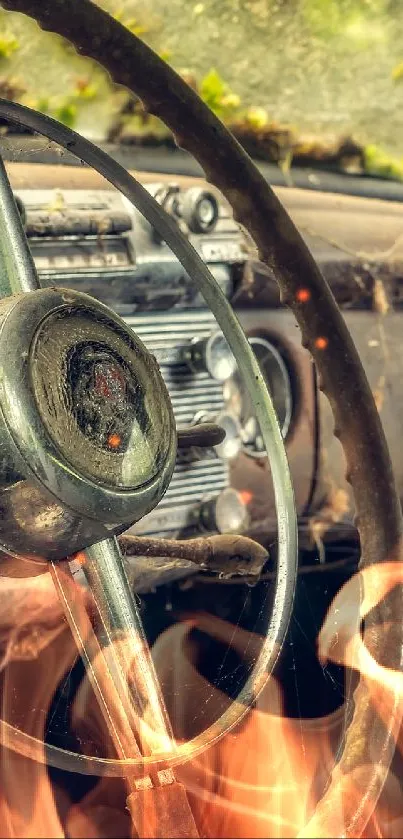 Vintage car interior with steering wheel and dashboard.