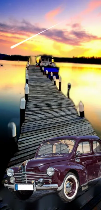 Vintage car on lakeside dock at sunset.
