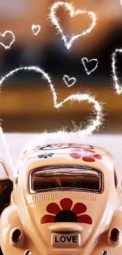 Vintage car with heart decorations in artistic wallpaper style.