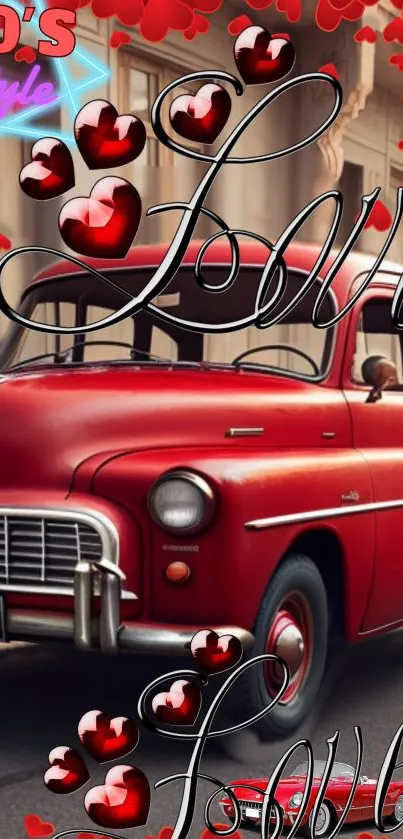 Vintage red car with hearts in 80's style wallpaper.