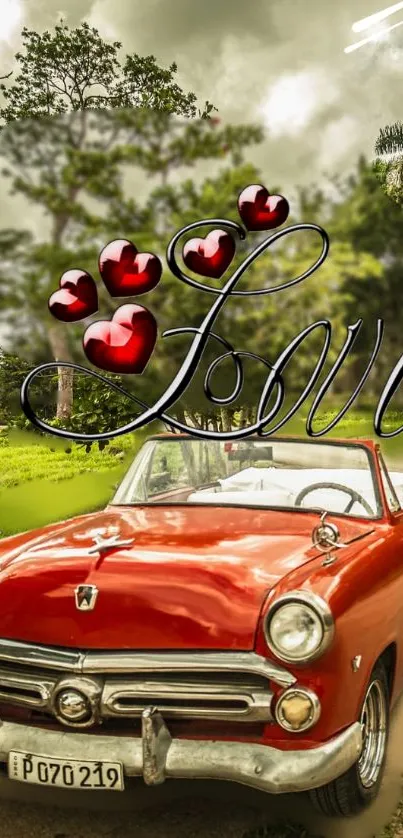 Red vintage convertible with love hearts and scenic backdrop.