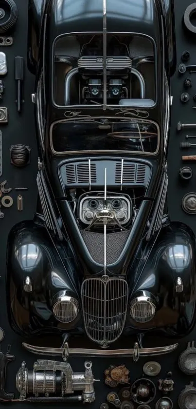 Detailed vintage car engine and parts display.