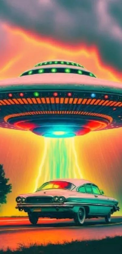 A vintage car beneath a vibrant UFO with neon lighting.