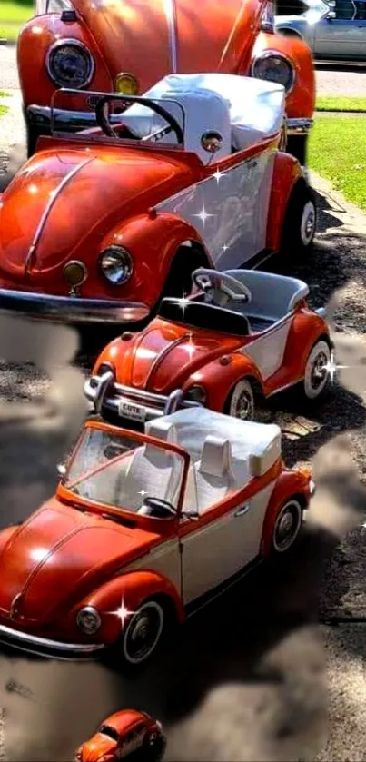 Miniature vintage cars in orange and white showcased outdoors.