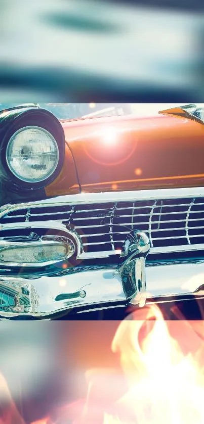 Vintage car with vibrant colors and chrome details on mobile wallpaper.